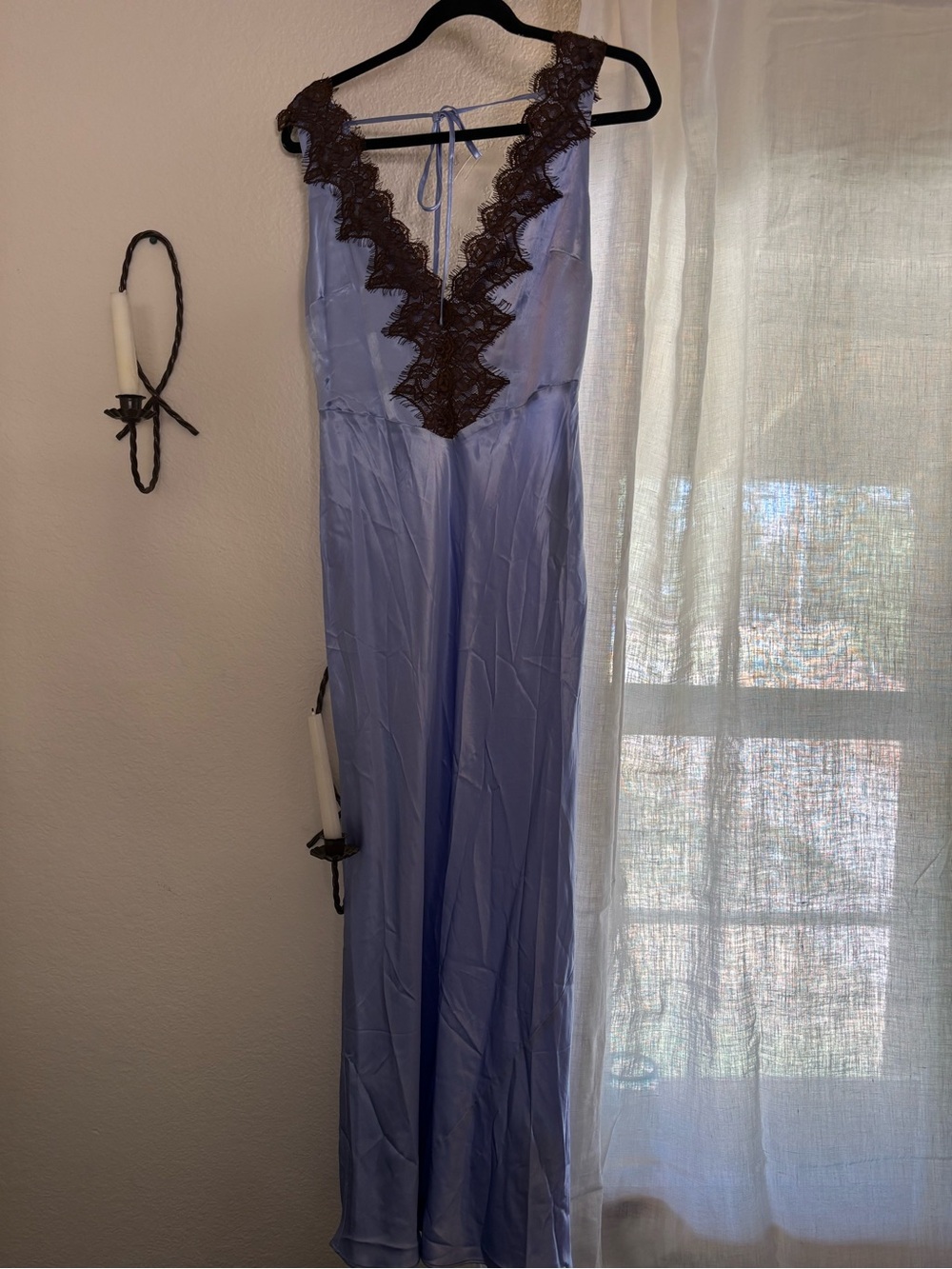 Anthropologie Periwinkle Satin Slip with Brown Lace Trim